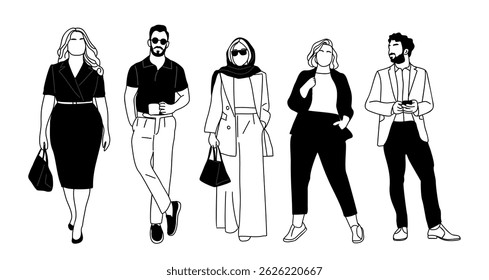 Set of modern business people standing full length in smart casual and formal office wear. Men and women with phone, coffee, bag. Hand drawn sketch style outline vector illustration, white background