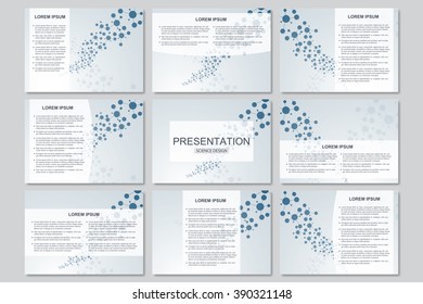 Set mit modernen Präsentationsvorlagen für Unternehmen. Abstrakter Hintergrund mit Molekülstruktur DNA und Neuronen. Medizin, Wissenschaft und Technologie
