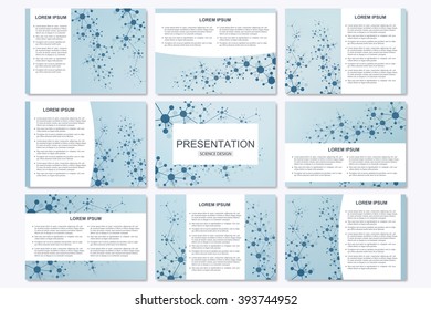 Set of modern business presentation templates. Abstract background with molecule structure DNA and neurons. Medicine, science and technology. Vector illustration.