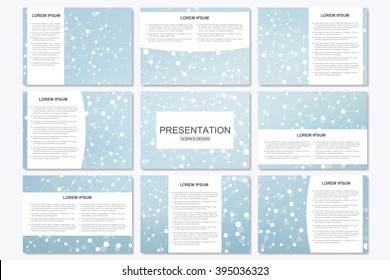 Set of modern business presentation templates. Abstract background with molecule structure DNA and neurons. Medicine, science and technology. Vector illustration.
