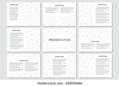 Set of modern business presentation templates in A4 size. Connection structure. Abstract background with molecule structure DNA and neurons. Medicine, science and technology. Vector illustration.