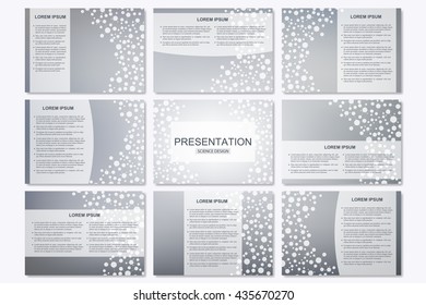 Set of modern business presentation templates in A4 size. Abstract background with molecule structure DNA and neurons. Medicine, science and technology. Vector illustration.
