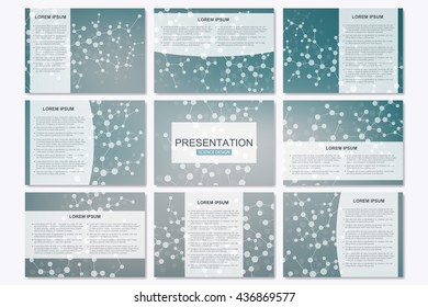 Set of modern business presentation templates in A4 size. Abstract background with molecule structure DNA and neurons. Medicine, science and technology. Vector illustration.