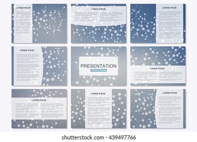 Set of modern business presentation templates in A4 size. Abstract background with molecule structure DNA and neurons. Medicine, science and technology. Vector illustration.