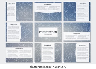 Set of modern business presentation templates in A4 size. Connection structure. Abstract background with molecule structure DNA and neurons. Medicine, science and technology. Vector illustration.