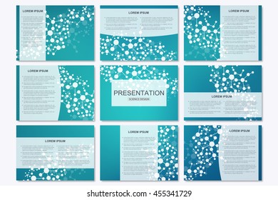 Set of modern business presentation templates in A4 size. Connection structure. Abstract background with molecule structure DNA and neurons. Medicine, science and technology. Vector illustration.