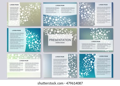 Set of modern business presentation templates in A4 size. Abstract background with molecule structure DNA and neurons. Medicine, science and technology. Vector illustration.