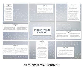 Set of modern business presentation templates in A4 size. Abstract background with molecule structure DNA and neurons. Medicine, science and technology concept. Scalable vector graphics.
