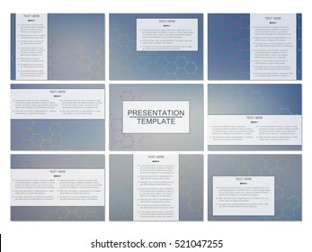 Set of modern business presentation templates in A4 size. Abstract background with molecule structure DNA and neurons. Medicine, science and technology concept. Scalable vector graphics.