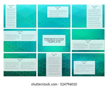 Set of modern business presentation templates in A4 size. Abstract background with molecule structure DNA and neurons. Medicine, science and technology concept. Scalable vector graphics.
