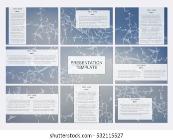 Set of modern business presentation templates in A4 size. Abstract background with molecule structure DNA and neurons. Medicine, science and technology concept. Scalable vector graphics.