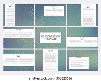 Set of modern business presentation templates in A4 size. Abstract background with molecule structure DNA and neurons. Medicine, science and technology concept. Editable vector graphics.
