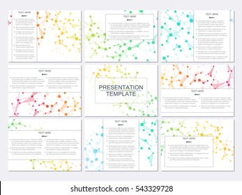 Conjunto de plantillas de presentación empresarial modernas en tamaño A4. Fondo abstracto con estructura molécula ADN y neuronas. Concepto de medicina, ciencia y tecnología. Gráficos vectoriales editables.