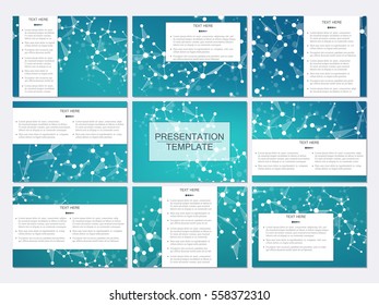Set of modern business presentation templates in A4 size. Abstract background with molecule structure DNA and neurons. Medicine, science and technology concept.