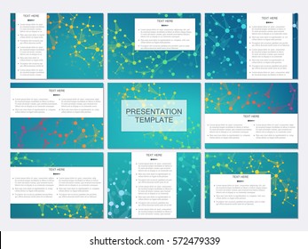 Set of modern business presentation templates in A4 size. Abstract background with molecule structure DNA and neurons. Medicine, science and technology concept. Editable vector graphics.