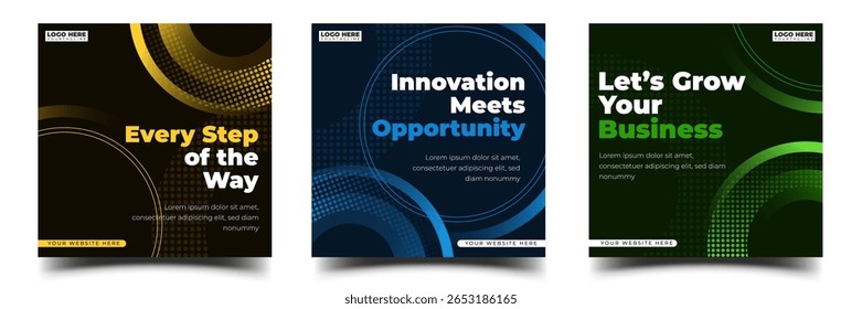 Set of modern business promotion square banner templates with bold typography and circular abstract elements. Usable for branding, social media posts, digital marketing, campaigns