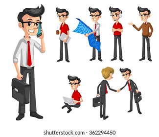 Set of Modern Businessman in Various Poses Cartoon Character Vector Illustration