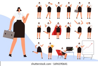 Set of modern businesswoman in various poses and situations. Business mascot for design and animation.