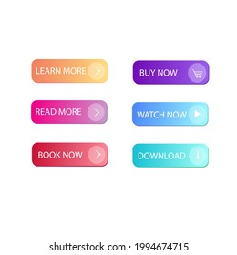 Set of modern buttons for applications. Vector image. Website user interface. Download, find out more, buy now. Colorful icons for website. Gradient fill.
