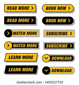 Set of modern buttons in different designs and colors like yellow, black, white. Ready to use in your web page or mobile app design.