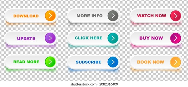 Set of modern buttons read more, more info, buy now and more for web site and ui. Vector icon.