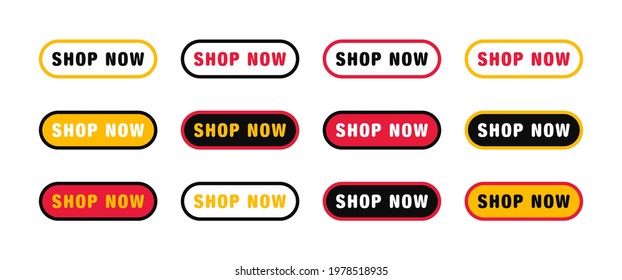Set of modern buttons for web site and ui. Collection of button Shop Now or Buy Now. Web buttons with rounded corners, colorful and text. Vector illustration.