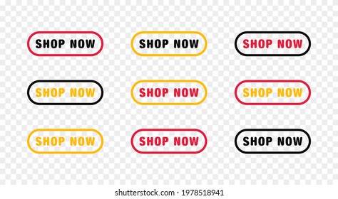 Set of modern buttons for web site and ui. Collection of button Shop Now or Buy Now. Web buttons with rounded corners, colorful and text. Vector illustration.
