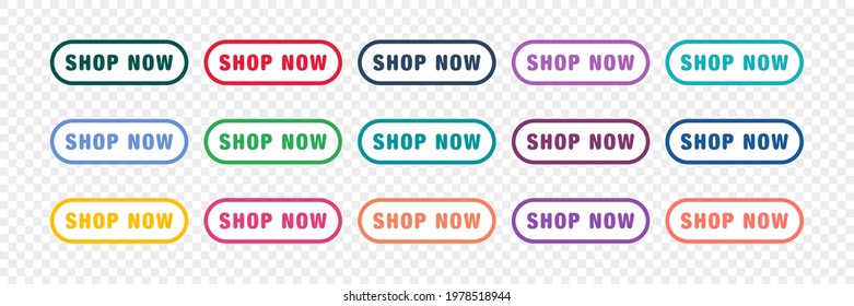 Set of modern buttons for web site and ui. Collection of button Shop Now or Buy Now. Web buttons with rounded corners, colorful and text. Vector illustration.