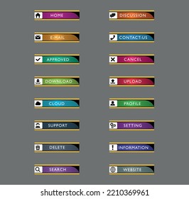Hermoso conjunto decorativo de elementos de diseño de iconos de botón web multicolor.Ilustración de botón web vectorial aislado.concepto de botón UI.