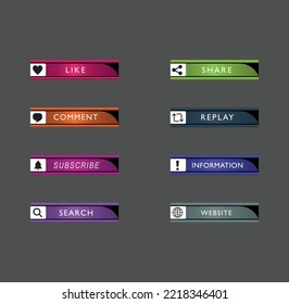 Juego de comentarios como Compartir y suscribirse a un colorido sitio web Botones. Botones modernos y coloridos para web y ui 8 botones set. Ilustración vectorial de símbolo de signo de botón web aislado.