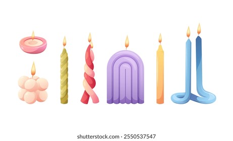 Set of modern candles in pastel colors. Twisted candles, rainbow and cube shaped candle. Vector isolated illustrations