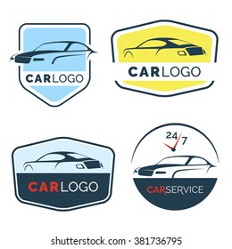 Conjunto de modernos emblemas, insignias e íconos del coche. Diseño moderno de silueta de coche deportivo. Registro de la empresa de reparación y servicio de automóviles.