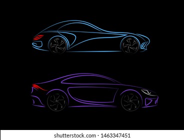 Set of modern car silhouette, side view. Blue, violet neon car silhouette for logo, banner for marketing advertising design. Vector illustration. Isolated on black background.