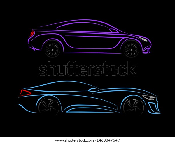 Set of\
modern car silhouette, side view. Blue, violet neon car silhouette\
for logo, banner for marketing advertising design. Vector\
illustration. Isolated on black\
background.