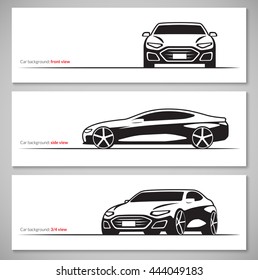 Set of modern car silhouettes, contours isolated on white background. Front, side, three quarter view. Vector illustration