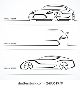 Set of modern car silhouettes. Sports car in three angles. Vector illustration