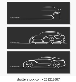 Set of modern car silhouettes. Sports car in three angles. Vector illustration