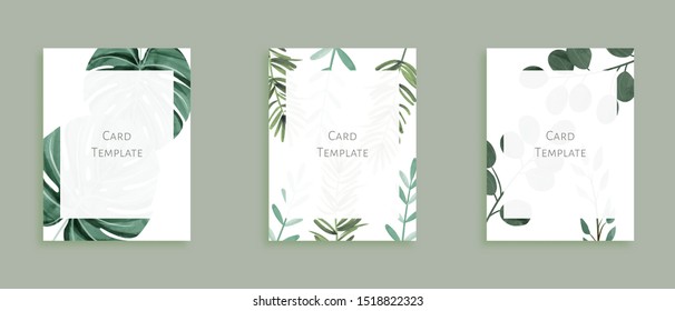 Set of modern card templates. Decorated with wild leaves in green theme. Aim used for wedding, invitation, menu, greeting card, magazine, cover, and more.