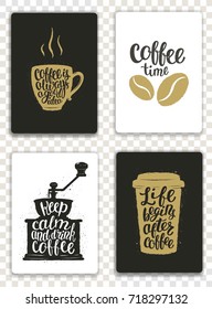 Set of modern cards with coffee elements and lettering. Trendy hipster templates for flyers, invitations, menu design. Black, white and golden colors. Modern calligraphy vector illustration.