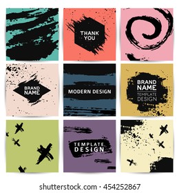 Set of modern cards with the decor of abstract grunge spots. Invitations to the background of the ink spots. Universal square cards with template design for invitations, layout, flyers, brochures.