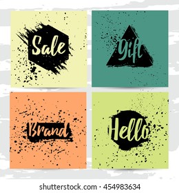 Set of modern cards with decor of abstract geometric spots. Background of the ink spots. Offer sale on grunge background. Universal Square cards with template design for banner, flyers, brochures
