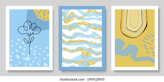 Set of modern cards with hand drawn details.Abstract background.Illustrations for wall decoration, postcard or brochure cover design.