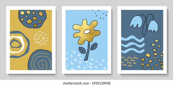 Set of modern cards with hand drawn details.Abstract background.Illustrations for wall decoration, postcard or brochure cover design.