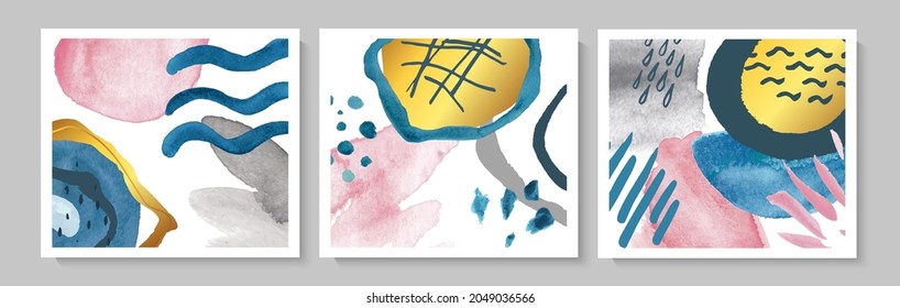 Set of modern cards with hand drawn watercolor details.Abstract background.Illustrations for wall decoration, postcard or brochure cover design.Vector illustration