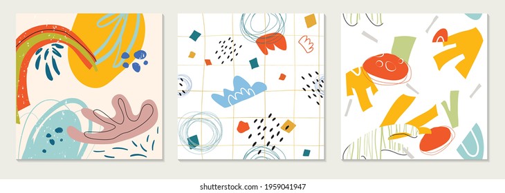 Set of modern cards and seamless patterns. Vector collages with hand drawn organic shapes,textures and graphic elements. Trendy spring card. Design perfect for prints,social media, invitations, covers