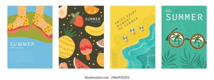 Set of modern cards with simple funny illustrations. Feet in summer sandals on grass, fruit and ice cream, beach, sea and umbrellas, sunglasses with reflection of palm trees. Creative template for