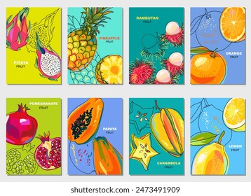 Set of modern cards with summer fruits. Bright templates for flyers, wall art, posters, banners, backgrounds, labels, covers, price tags, packaging. Vector illustration.