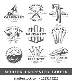 Set of modern carpentry labels.  Posters, stamps, banners and design elements. Vector illustration