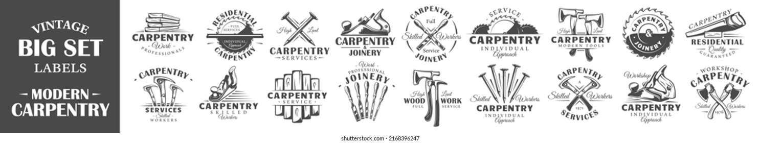 Set of modern carpentry labels.  Posters, stamps, banners and design elements. Vector illustration