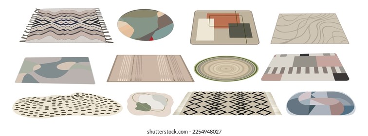 Set of modern Carpets, rugs, wool textile mats. Floor decoration with abstract shapes and ornaments. Icons for interior design, apartment project. Flat vector illustration isolated, white background.